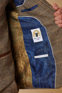 Męski 3-częściowy garnitur w jodełkę tweedowy w kolorze brązowym w kratkę, dopasowany krój, podwójny klasyczny