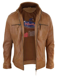 Real Leather Mens High Collar Jacket - Tan