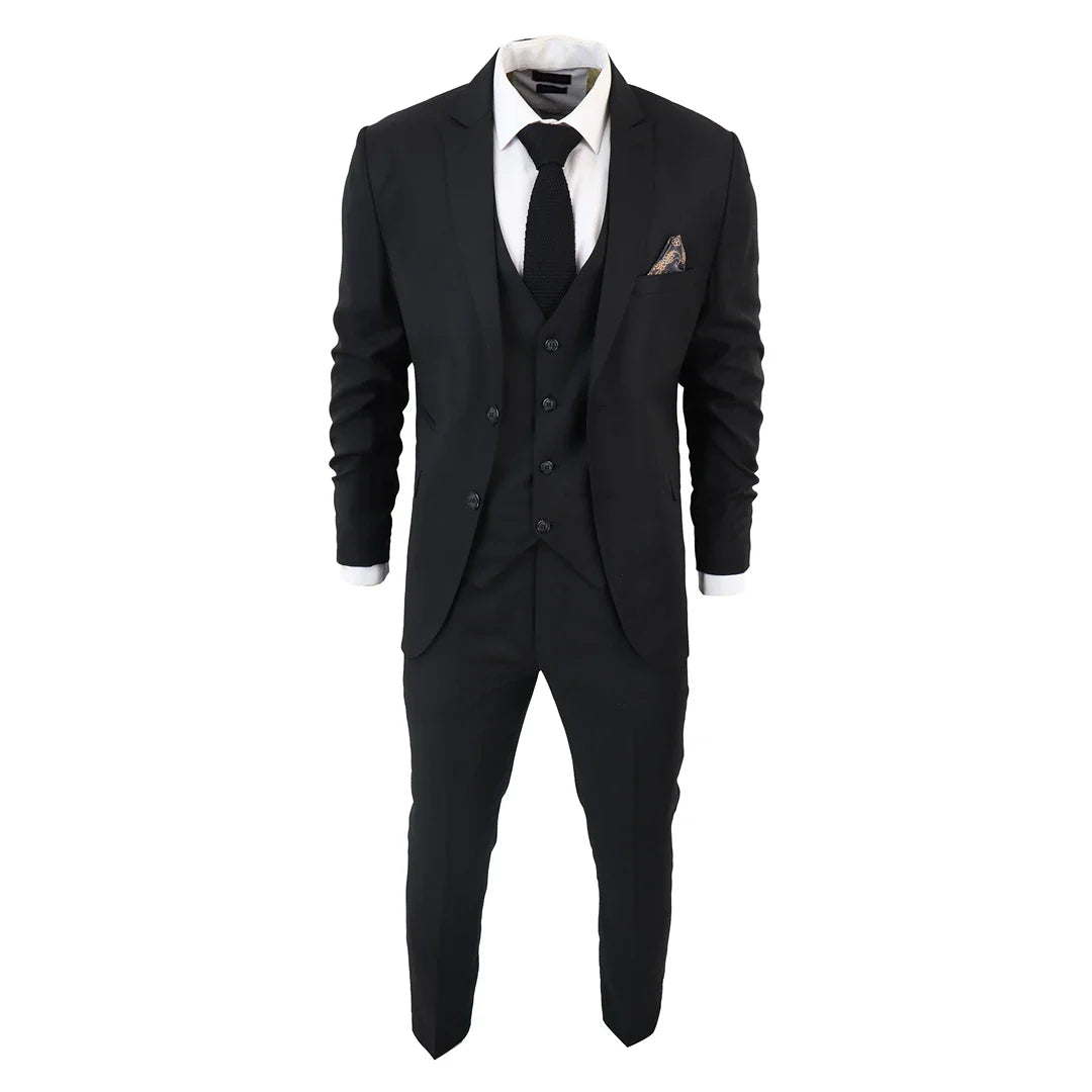 IM1 Men's Classic Black Plain Tailored Fit 3-Piece Suit