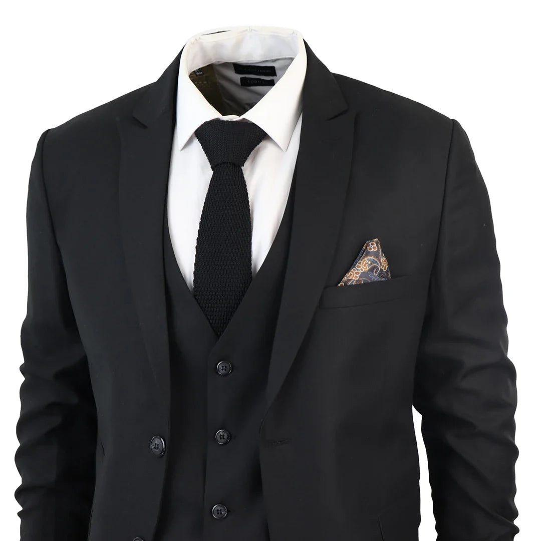 IM1 Men's Classic Black Plain Tailored Fit 3-Piece Suit