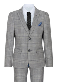 Boys Marc Darcy 3 Piece Suit Grey Prince Of Wales Blue Check Vintage Retro