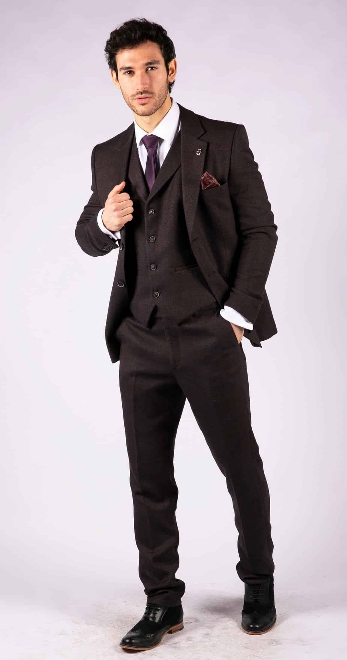 Men's Plum Herringbone Tweed 3 Piece Suit