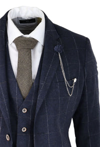 Mens Navy Check 3 Piece Suit Wool Tweed Classic 1920s Vintage Tailored Fit Wedding