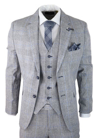 Mens 3 Piece Summer Suit Grey Check Blue Black Tailored Fit Classic Wedding Formal