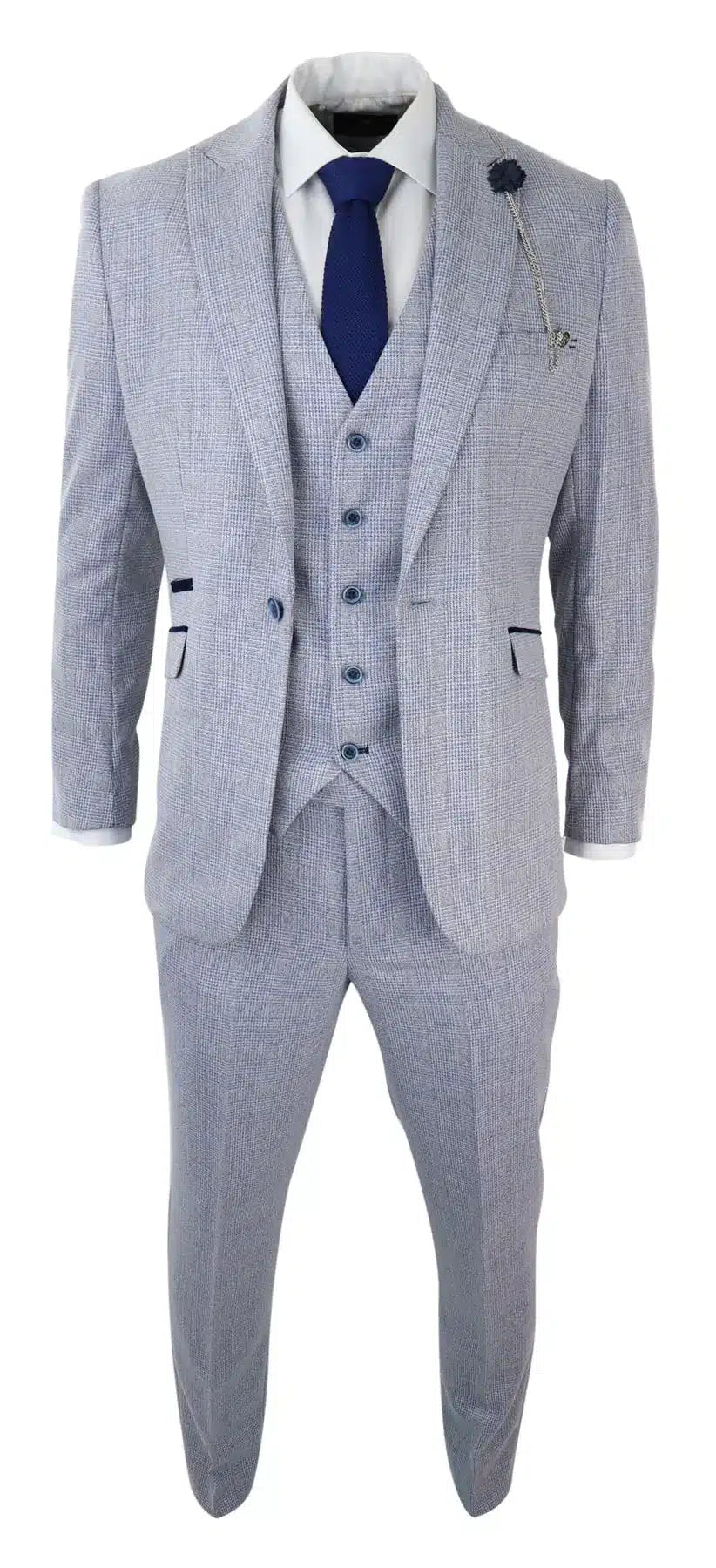 Mens 3 Piece Check Suit Tweed Light Blue Tailored Fit Wedding Peaky Classic