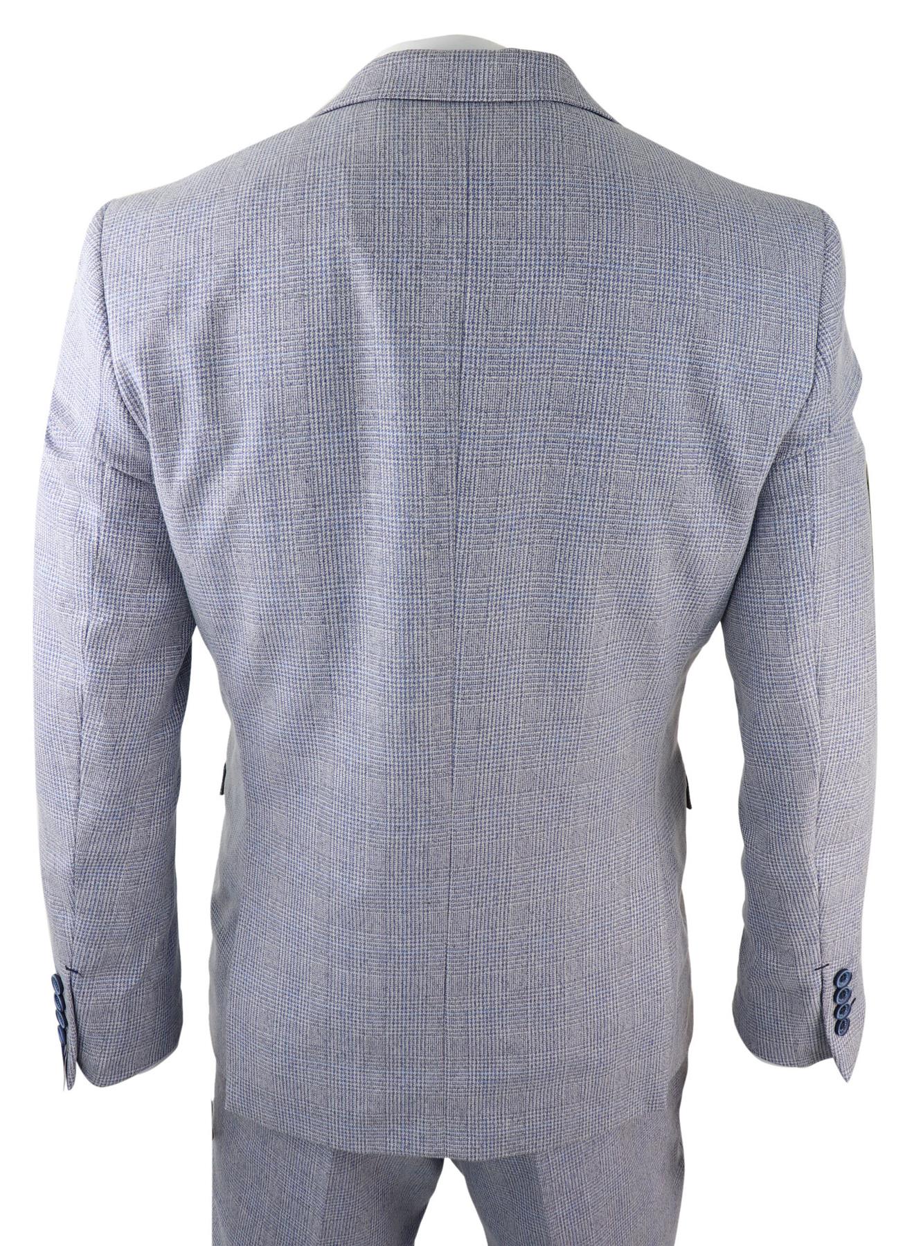 Mens 3 Piece Check Suit Tweed Light Blue Tailored Fit Wedding Peaky Classic