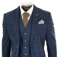 Cavani Carnegi - Mens 3 Piece Navy Blue Tweed Check 1920's Vintage Suit