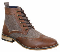 Cavani Sherlock - Mens Leather & Tweed Herringbone Ankle Boots