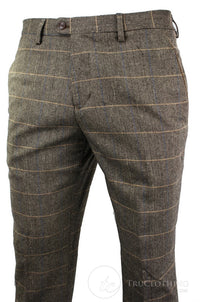Dx-7 - Men's Tweed Check Trouser Herringbone Tan Brown Regular
