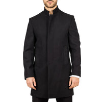 Men's Stand Collar Wool Blend Black Overcoat