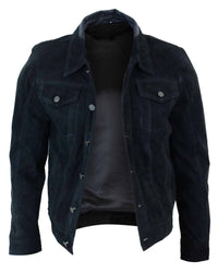 Real Suede Leather Mens Vintage Short Denim Style Retro Jean Jacket Casual - Black Color