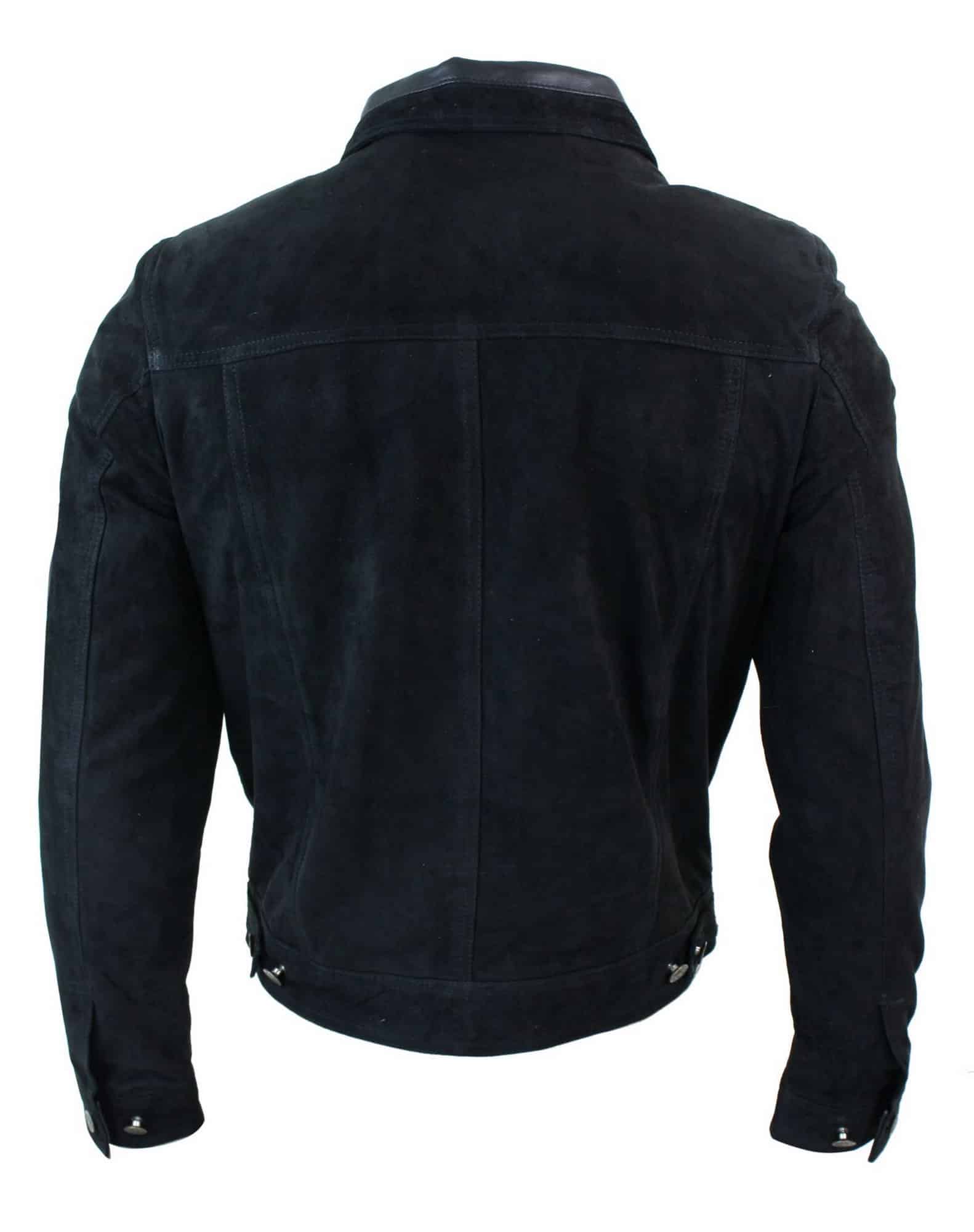 Real Suede Leather Mens Vintage Short Denim Style Retro Jean Jacket Casual - Black Color