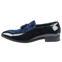 Men's Slip On Tassel Velvet Detailed Patent Navy Loafers