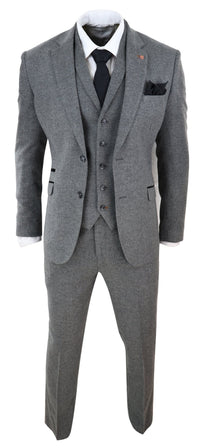 Mens Dark Grey Herringbone Tweed 3 Piece Suit