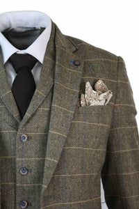 Cavani Albert - Men's Herringbone Tweed Check 3 Piece Suit - Tan Brown