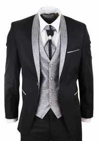 Mens 4 Piece Shawl Lapel Suit - Black/Silver