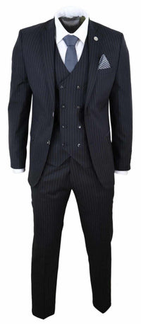 Mens  Black 3 Piece Pinstripe Suit