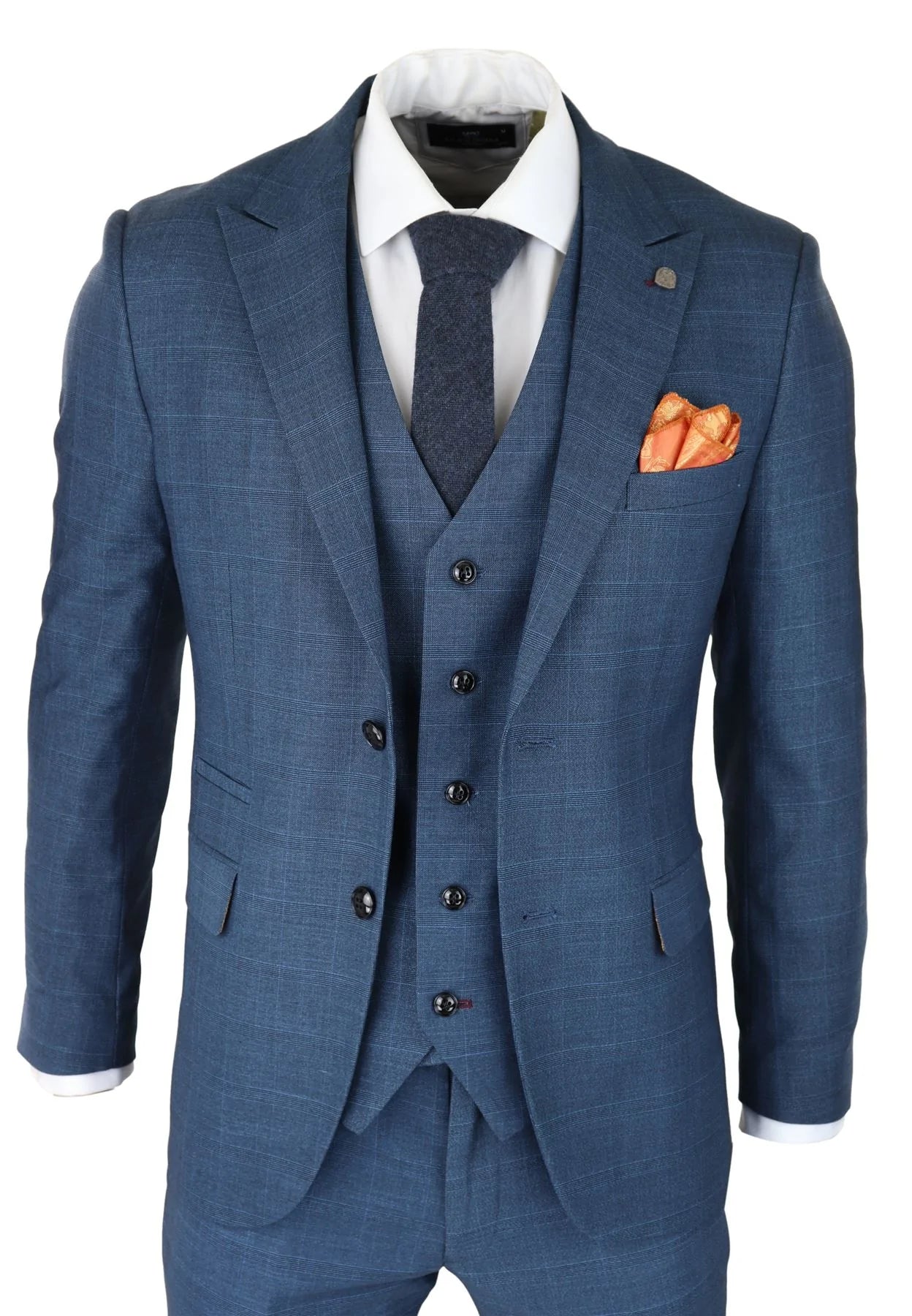 Mens 3 Piece Prince Of Wales Check Suit Blue Classic Light Tailored Fit Modern