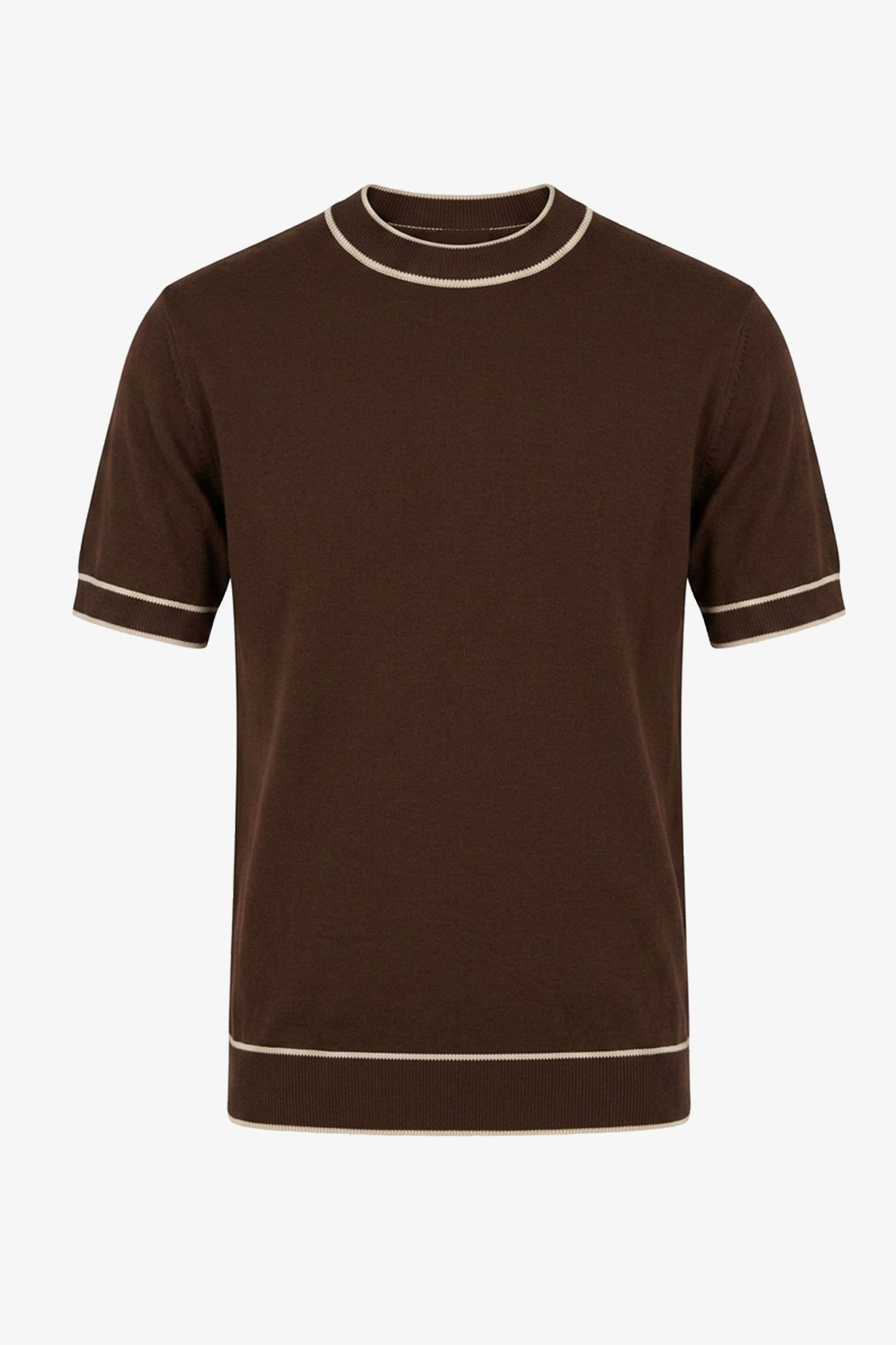 Męska brązowa dzianinowa koszulka T-shirt o regularnym kroju z kontrastowym wykończeniem i okrągłym dekoltem