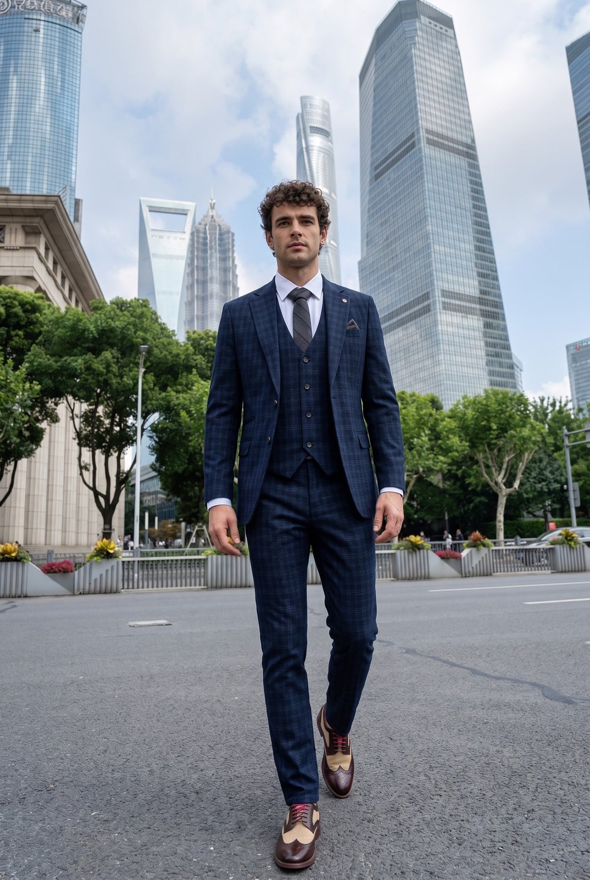 Look #570 styled with Marcos – granatowy męski garnitur w kratę, dopasowany 3-częściowy