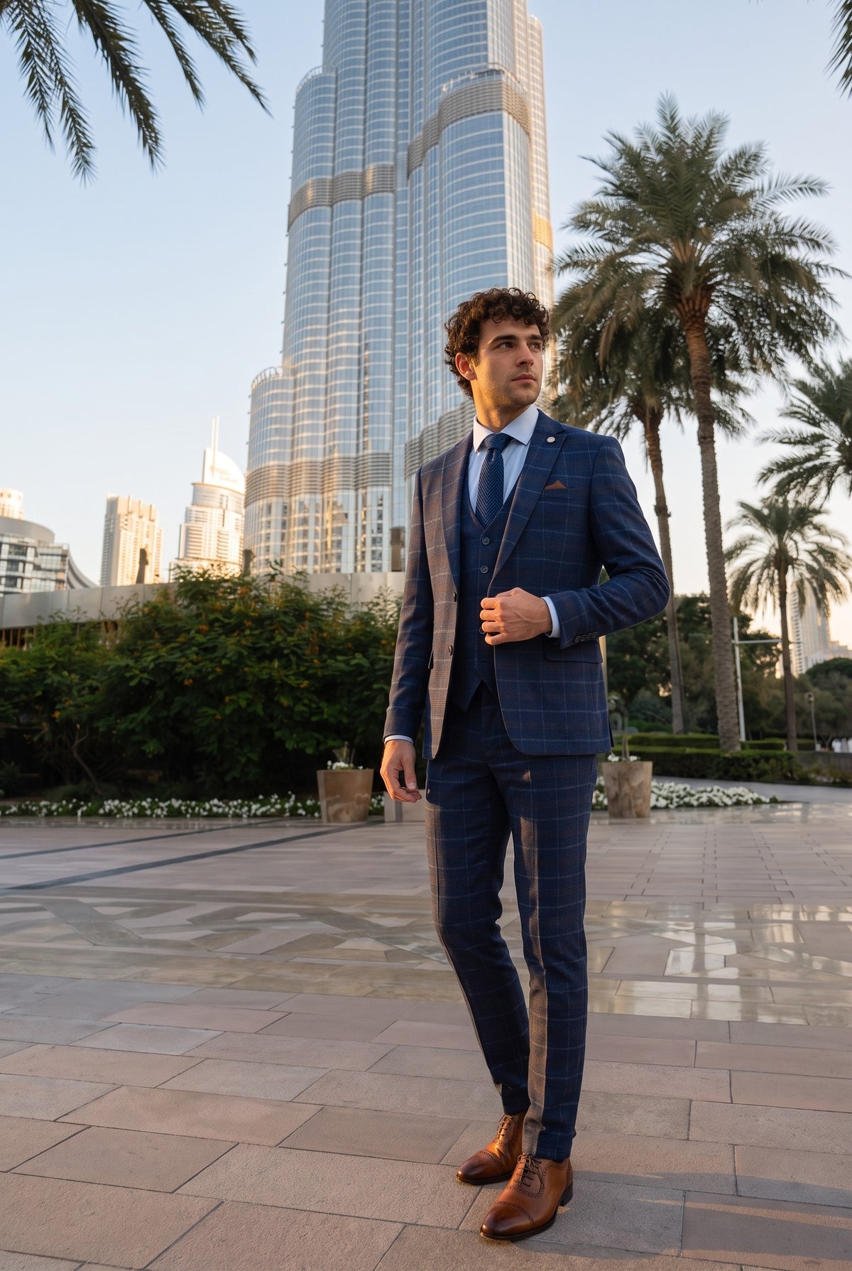 Look #978 styled with Męski garnitur trzyczęściowy w granatowo-niebieską kratkę – Paul Andrew Kenneth