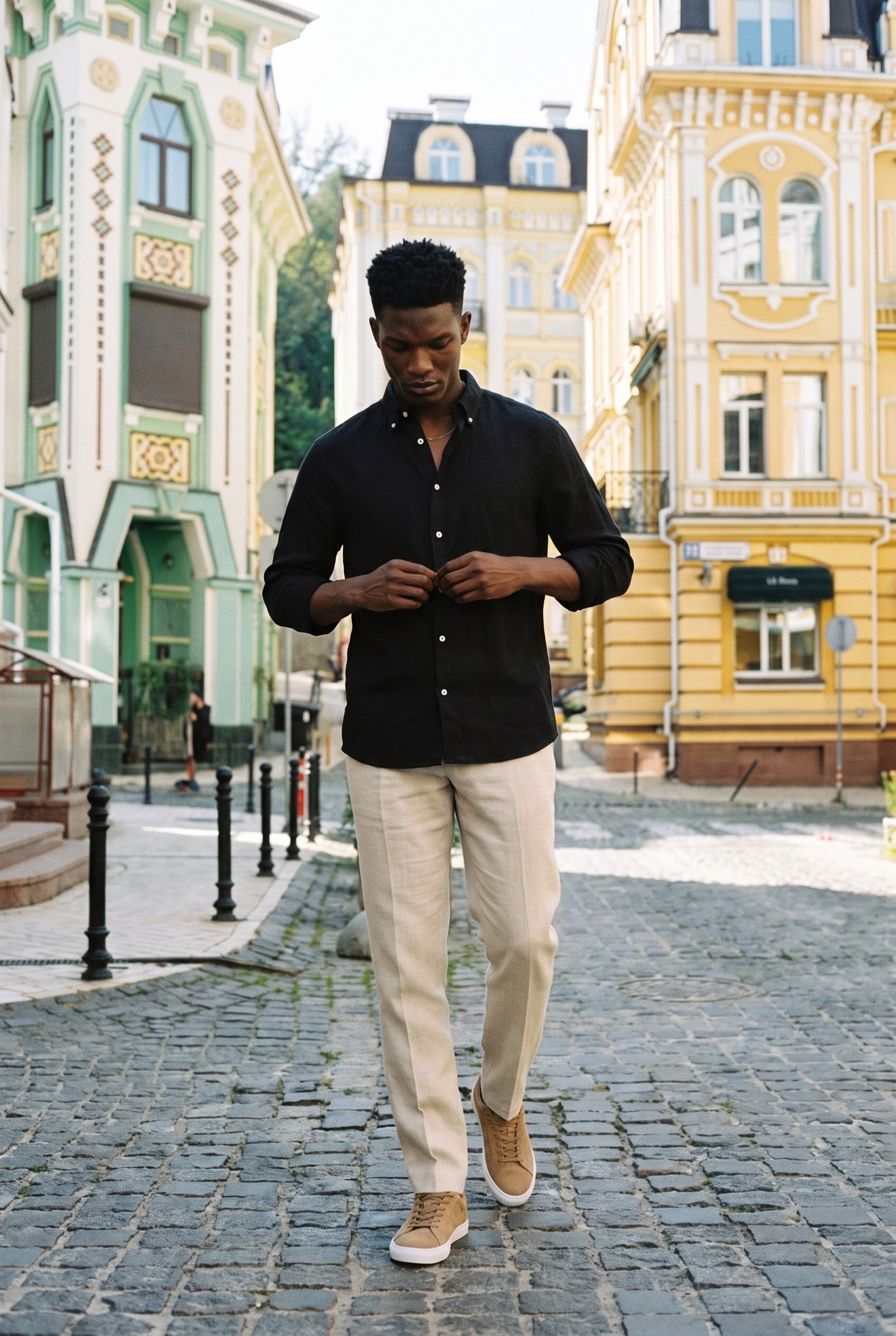 Look #1015 styled with Męska czarna koszula z czystego lnu, z długim rękawem i guzikami, letnia