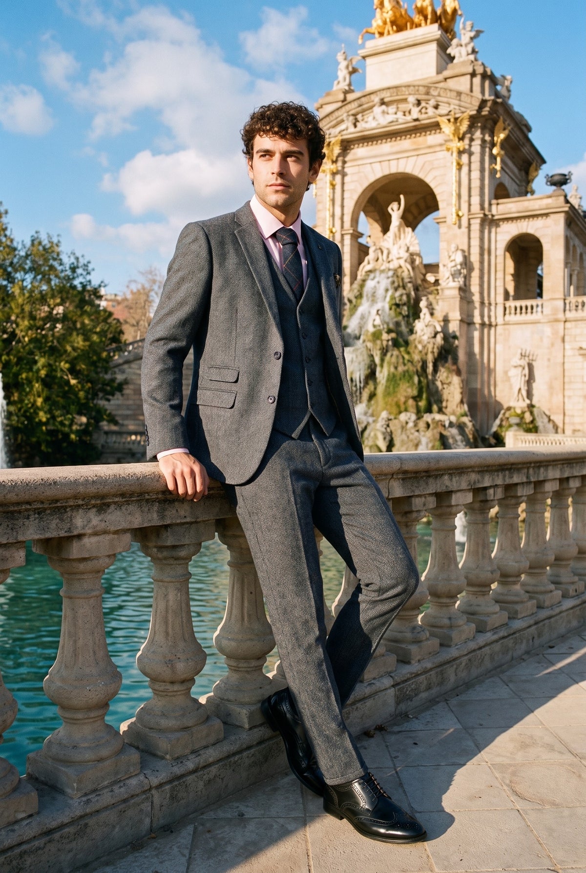 Look #955 styled with Męskie tweedowe krawaty Marc Darcy w jodełkę z teksturą, klasyczne, vintage, retro, Eton, granatowe
