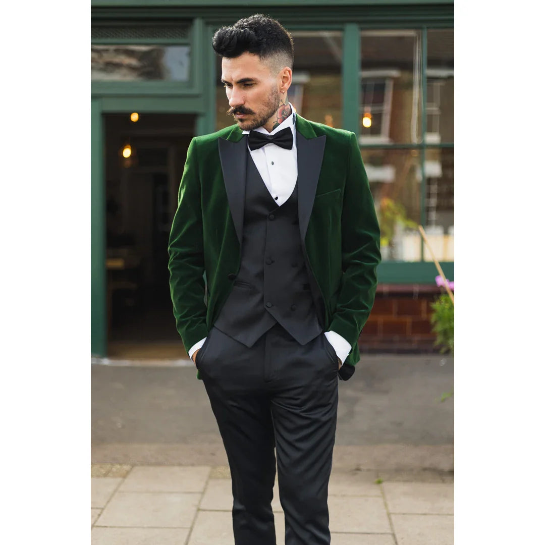 Men's Green Velvet Tux Blazer Satin Lapels Dinner Wedding Prom Black Tie