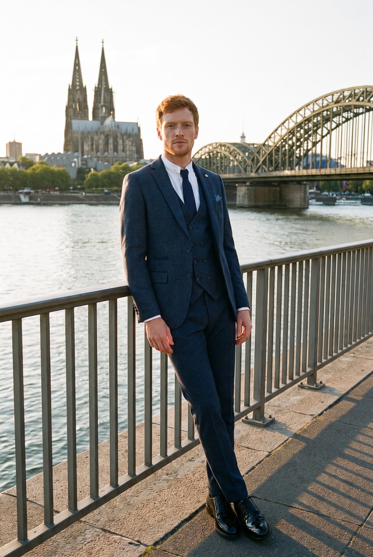Look #382 styled with Męski 3-częściowy garnitur granatowy z dwurzędową kamizelką
