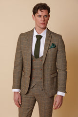 Męski 3-częściowy garnitur w jodełkę tweedowy w kolorze brązowym w kratkę, dopasowany krój, podwójny klasyczny