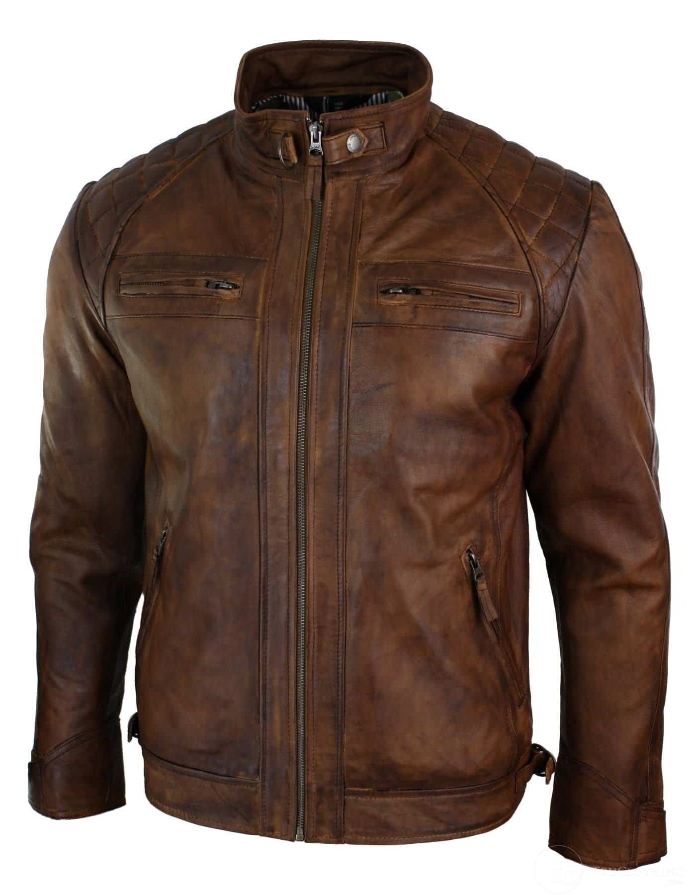 Real Leather Retro Style Zipped Mens Biker Jacket Soft Timber Vintage Look