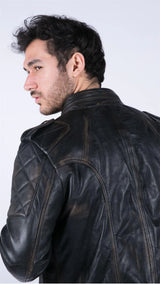 Mens Retro Real Leather Black Brown Washed Racer Jacket Biker Zipped Slim