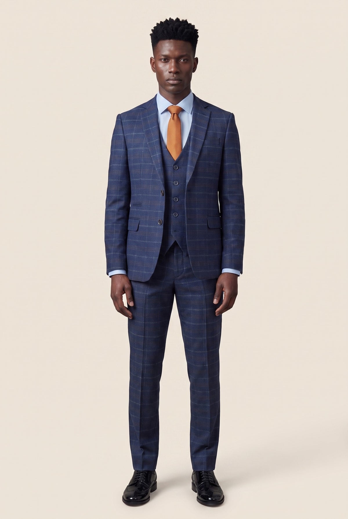 Look #979 styled with Męski garnitur trzyczęściowy w granatowo-niebieską kratkę – Paul Andrew Kenneth