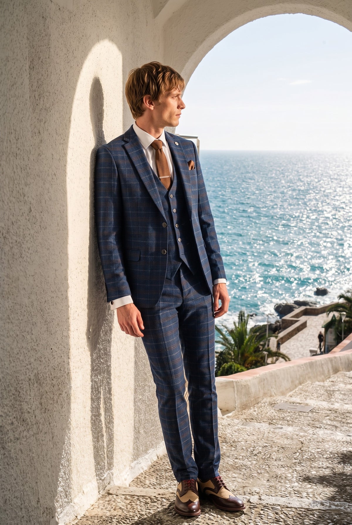 Look #936 styled with Męski garnitur trzyczęściowy w granatowo-niebieską kratkę – Paul Andrew Kenneth