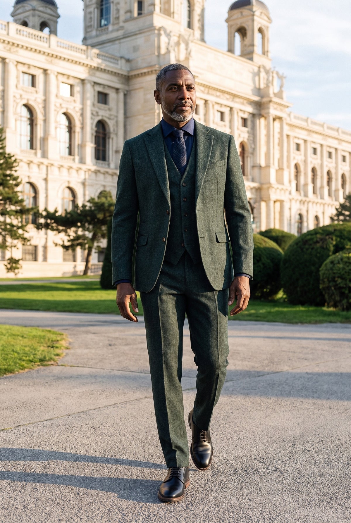 Look #957 styled with Thomas - Oliwkowozielony, 3-częściowy garnitur z mieszanki wełny i tweedu
