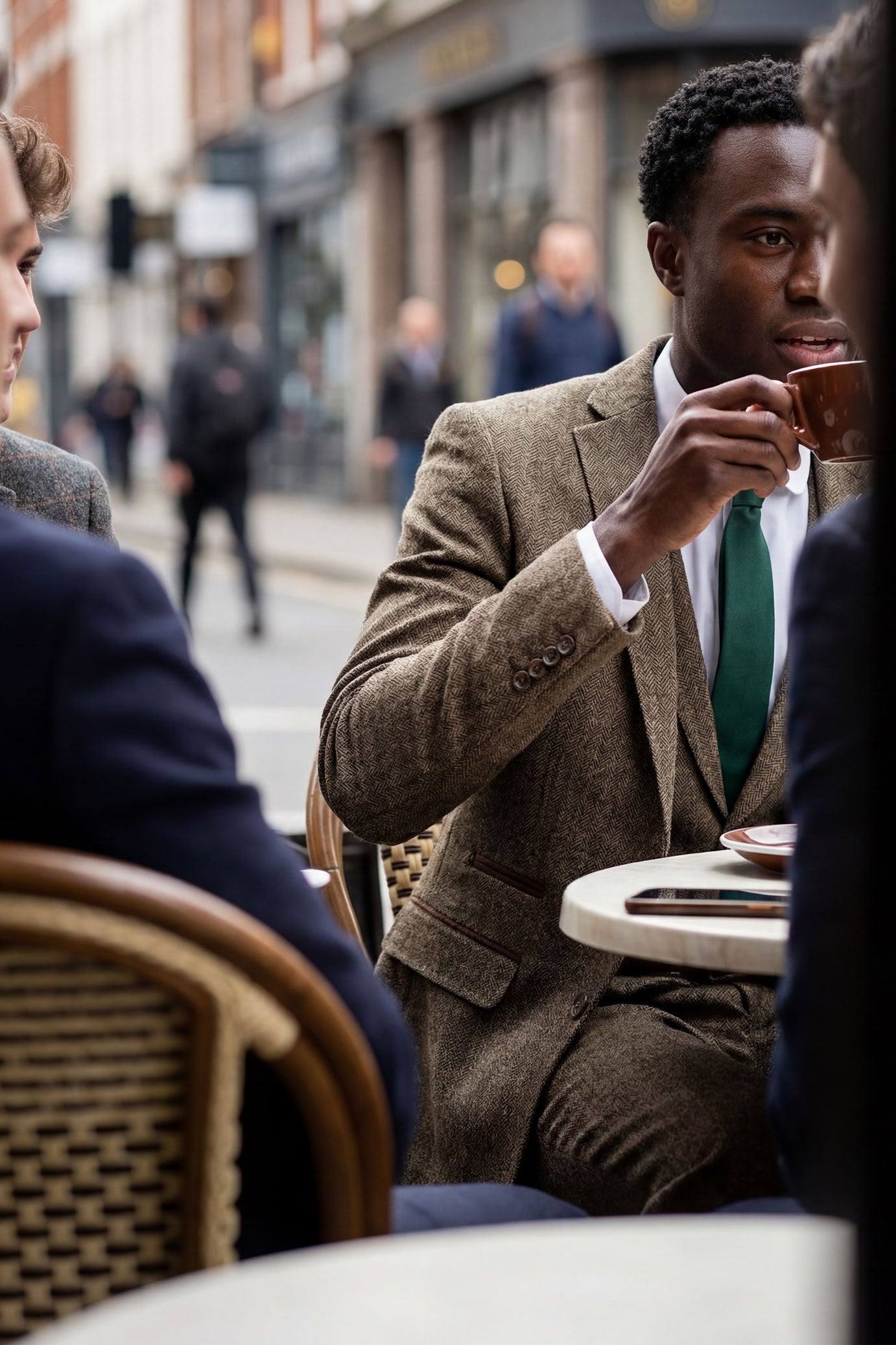 Garnitur trzyczęściowy z tweedu w jodełkę w kolorze dębowo-brązowym