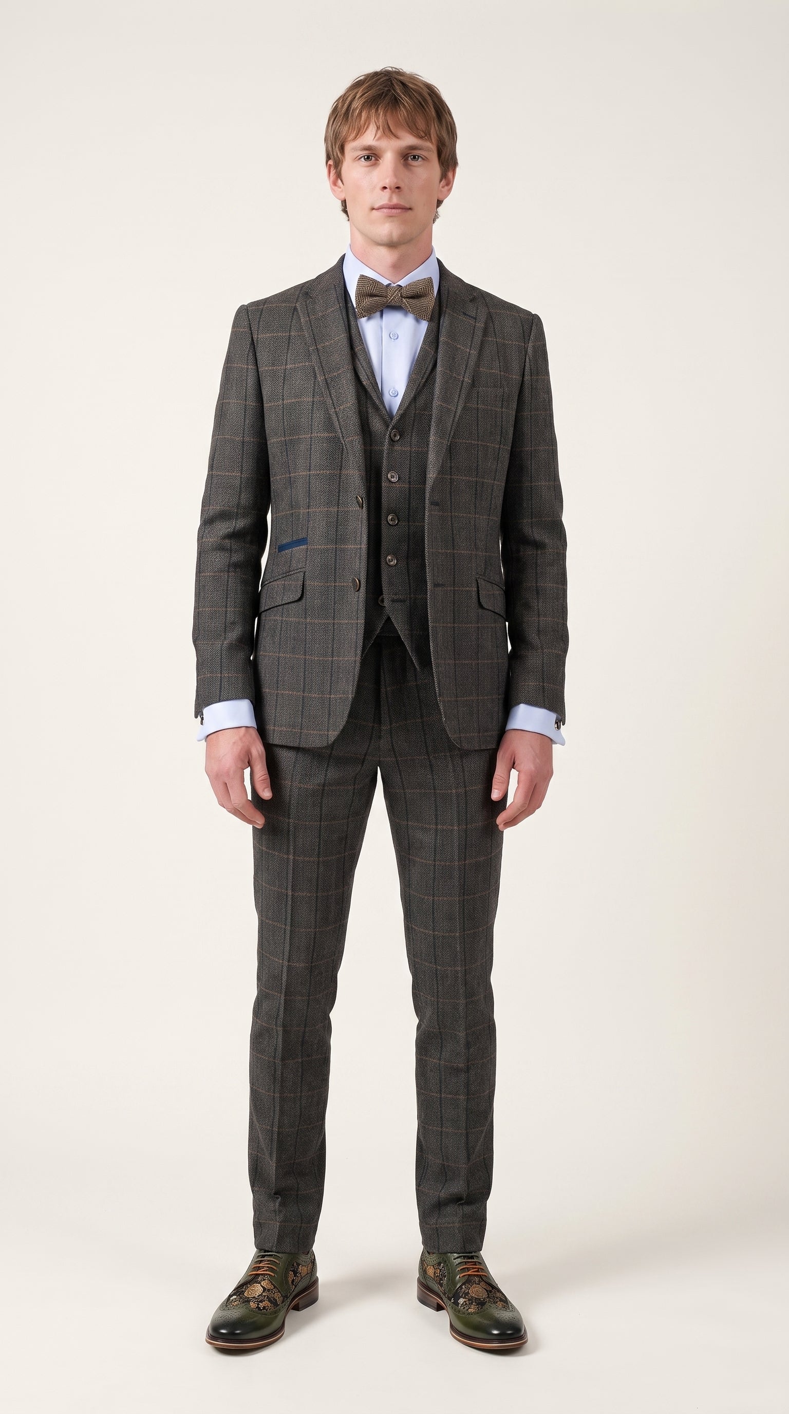 Look #330 styled with Cavani Albert – męski garnitur w jodełkę z tweedu w kratkę, 3-częściowy – grafitowy