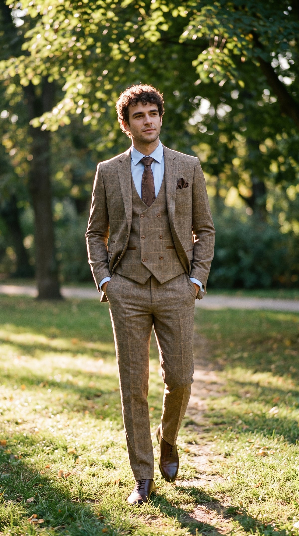 Look #343 styled with Męski 3-częściowy garnitur w jodełkę tweedowy w kolorze brązowym w kratkę, dopasowany krój, podwójny klasyczny