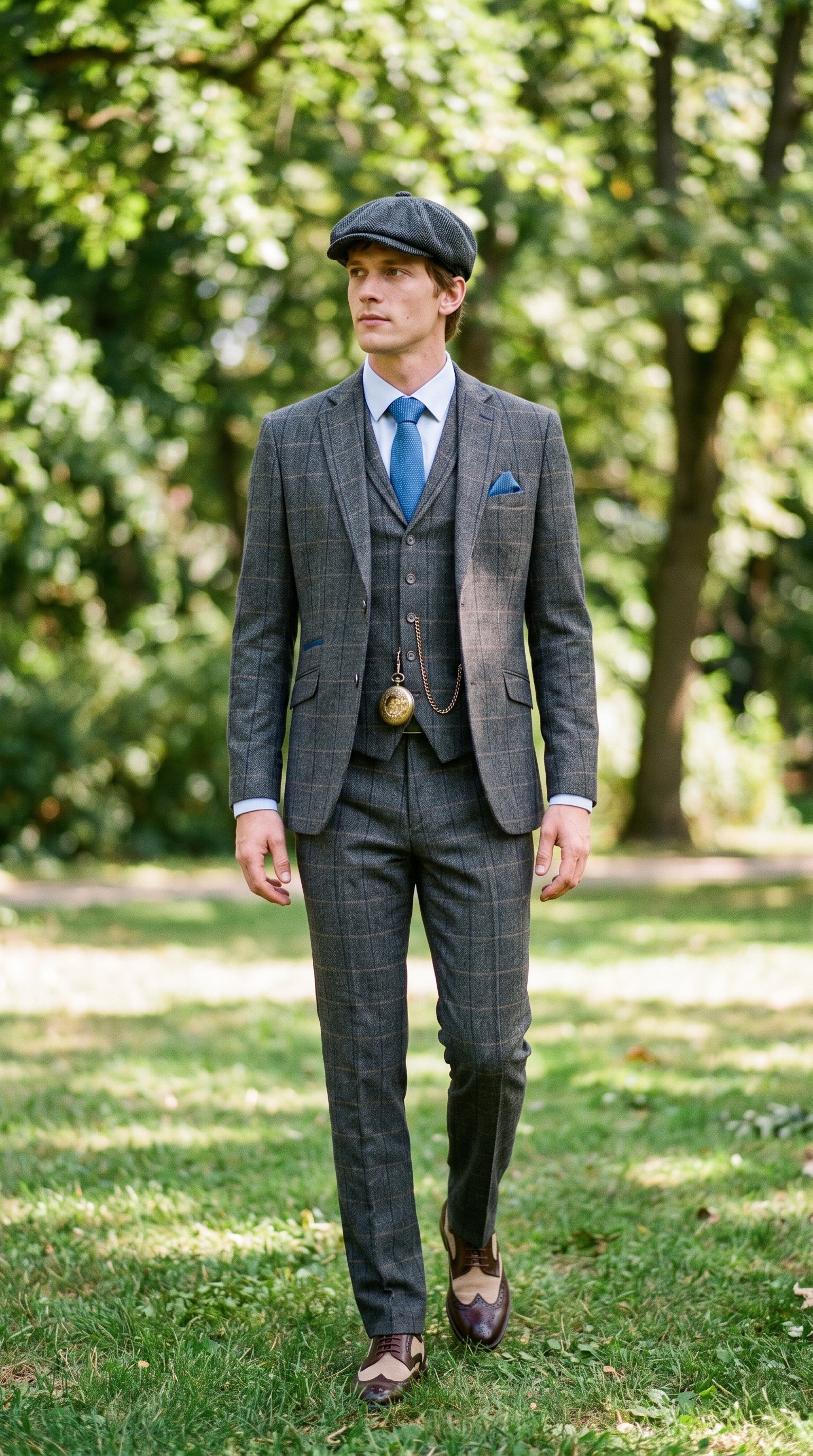 Look #132 styled with Cavani Albert – męski garnitur w jodełkę z tweedu w kratkę, 3-częściowy – grafitowy
