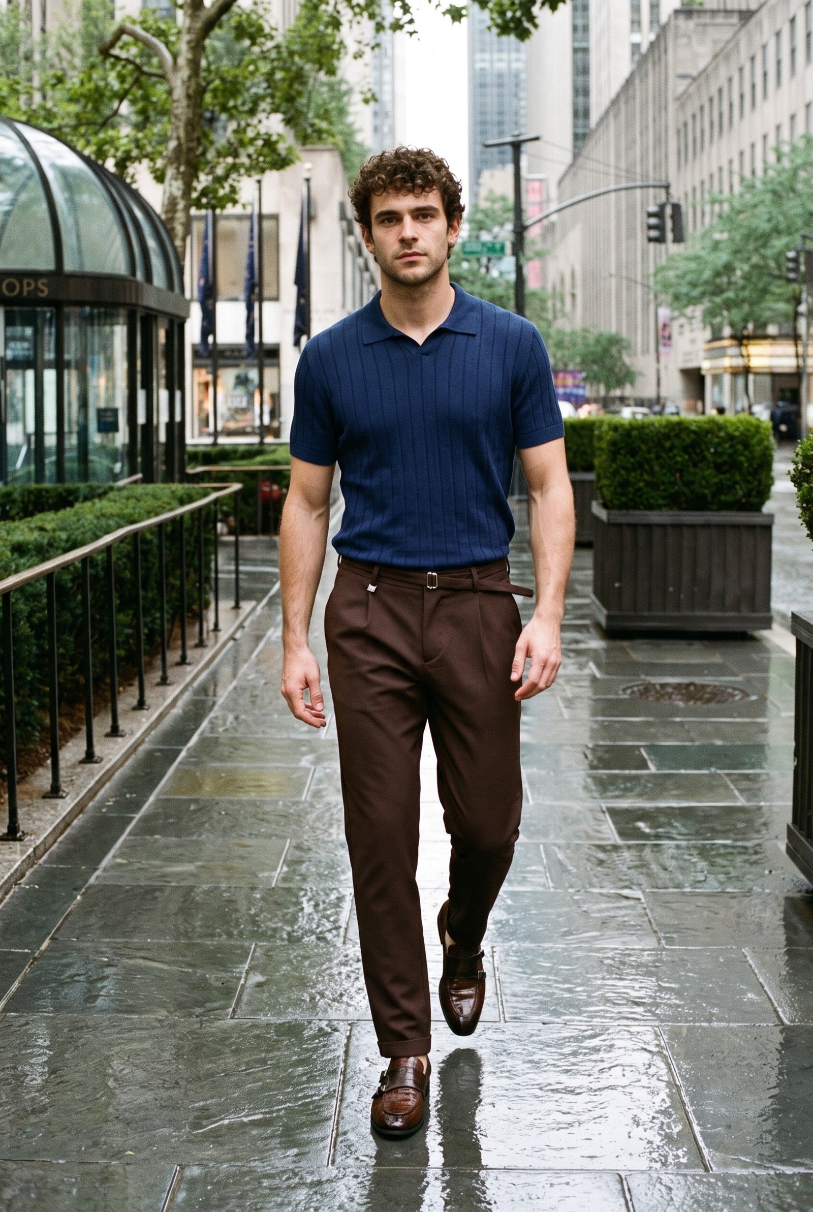 Look #907 styled with Męska granatowa, prążkowana koszulka polo