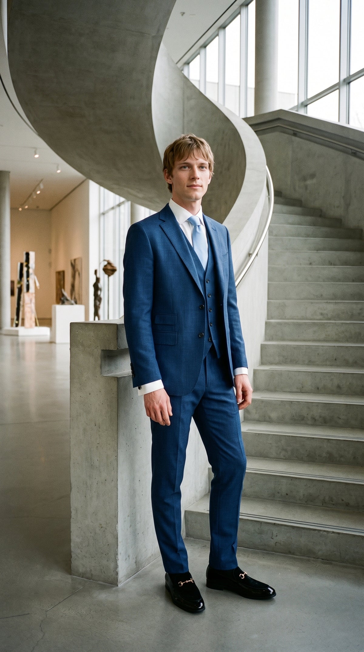 Look #842 styled with Męski niebieski letni garnitur lniany