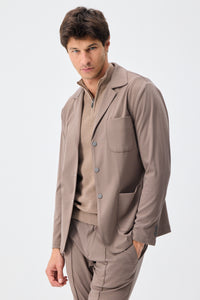 Męska marynarka z miękkiego dżerseju w kolorze taupe brown, elegancka, casualowa