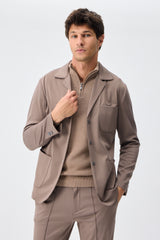 Męska marynarka z miękkiego dżerseju w kolorze taupe brown, elegancka, casualowa