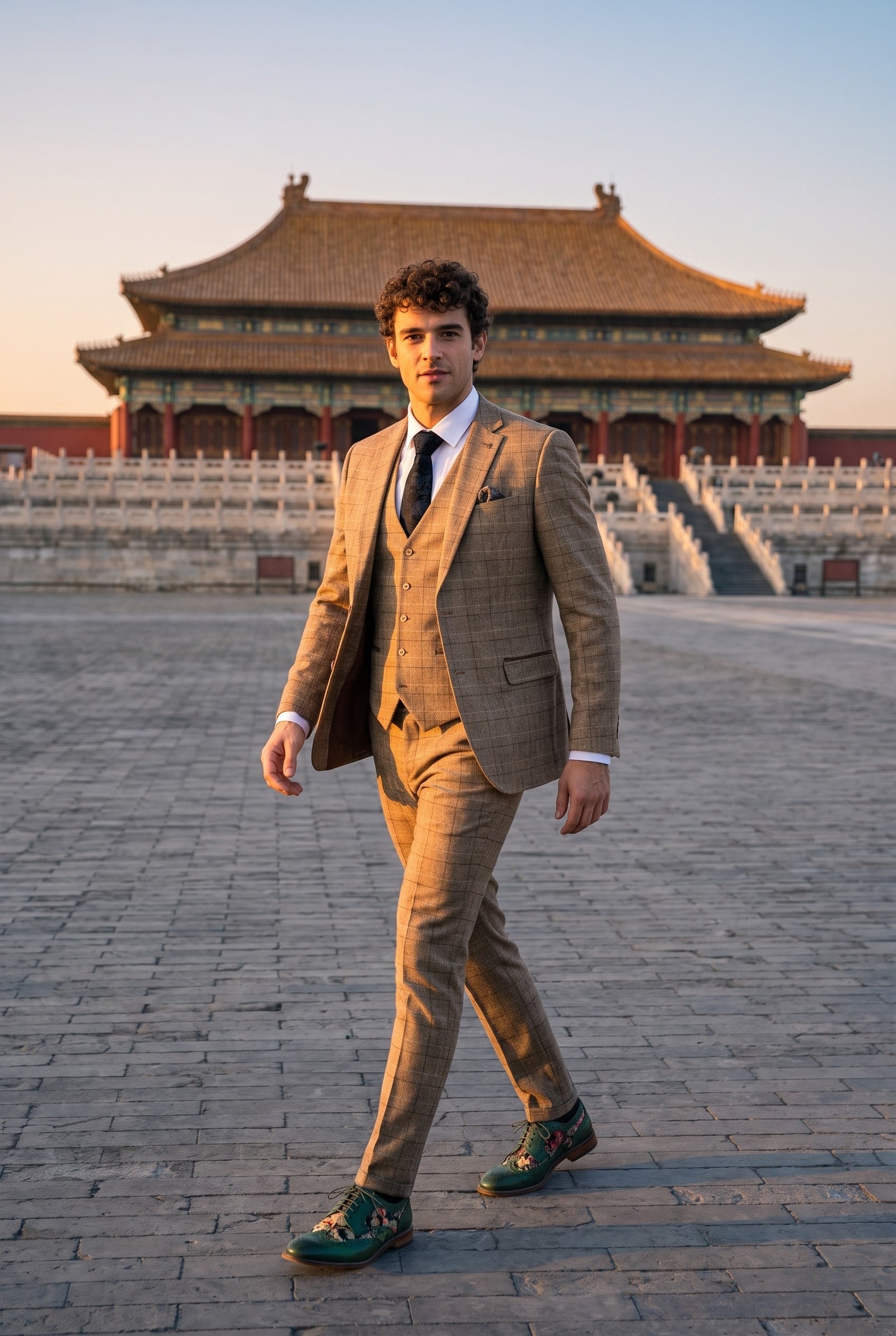 Look #278 styled with Liam - Męski 3-częściowy garnitur w brązową kratkę