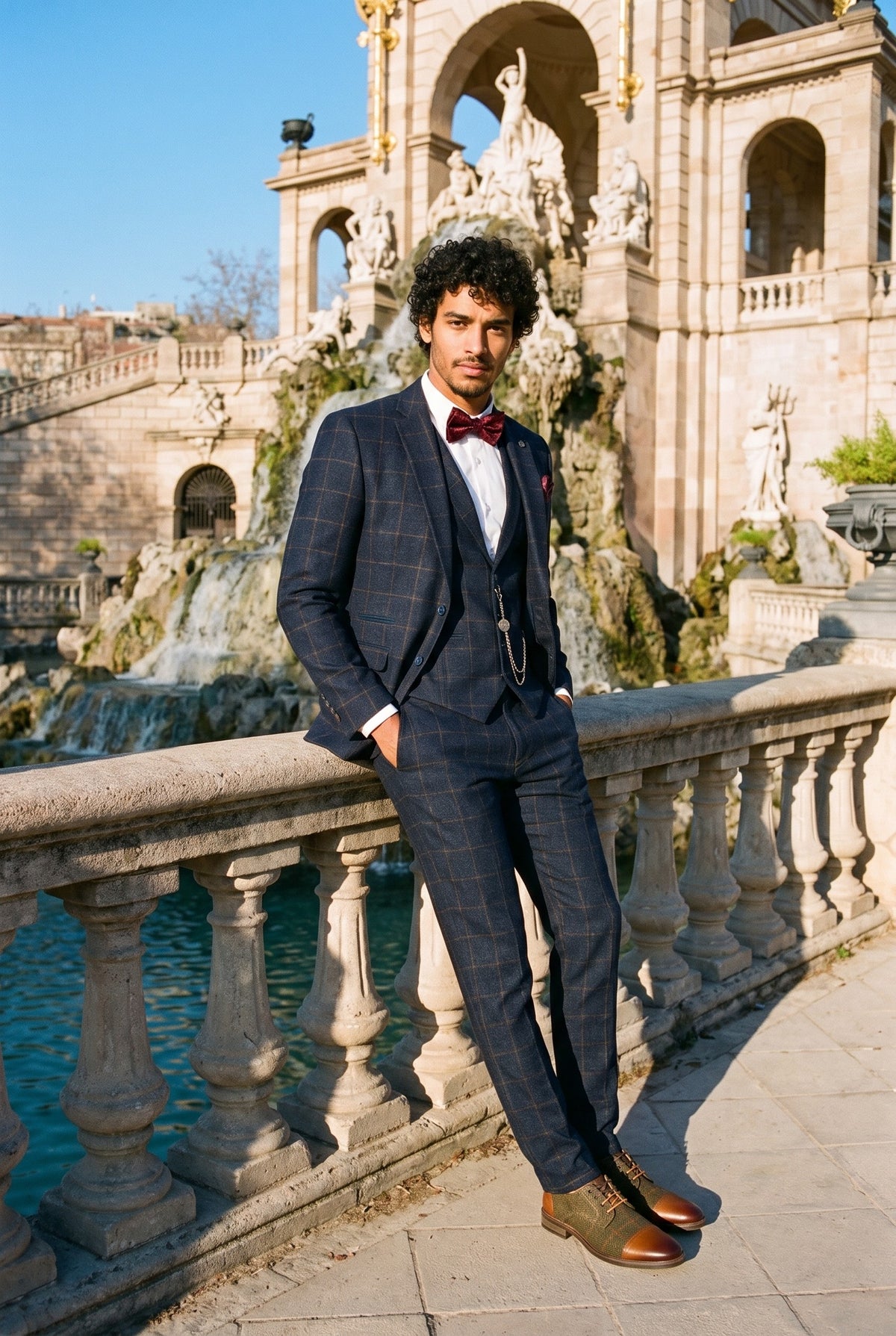 Look #728 styled with Męski garnitur 3-częściowy z wełny tweedowej w kolorze granatowo-brązowym w kratkę z lat 20. XX wieku, Gatsby