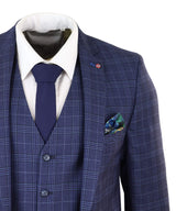 Mens Navy Blue Check 3 Piece Slim Fit Suit