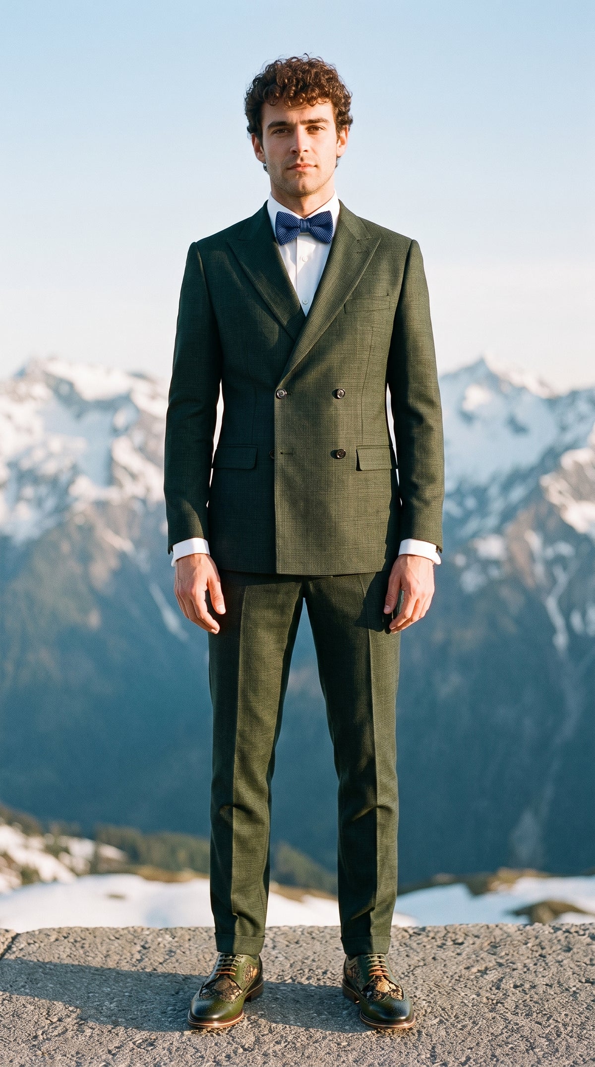 Look #345 styled with Caridi – Dwuczęściowy męski garnitur dwurzędowy w kolorze oliwkowozielonym