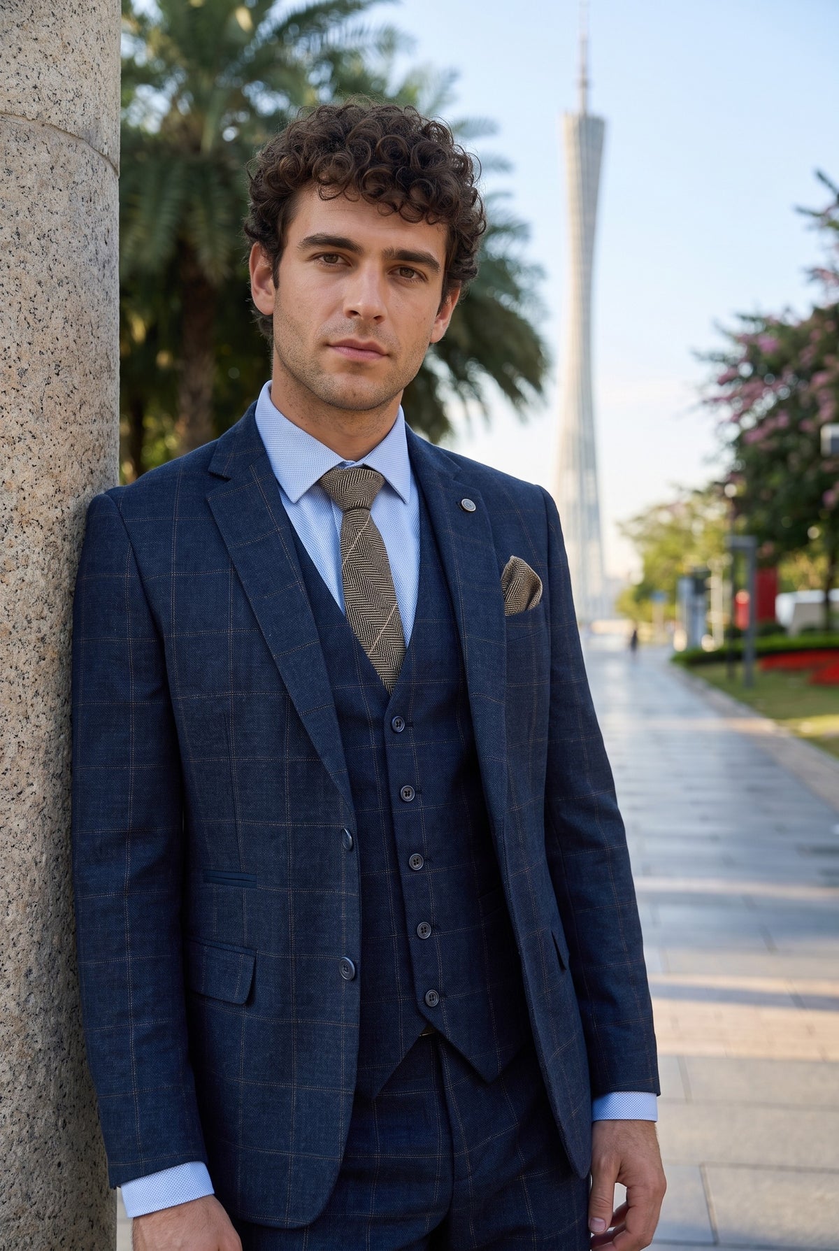Look #729 styled with Męski garnitur 3-częściowy z wełny tweedowej w kolorze granatowo-brązowym w kratkę z lat 20. XX wieku, Gatsby