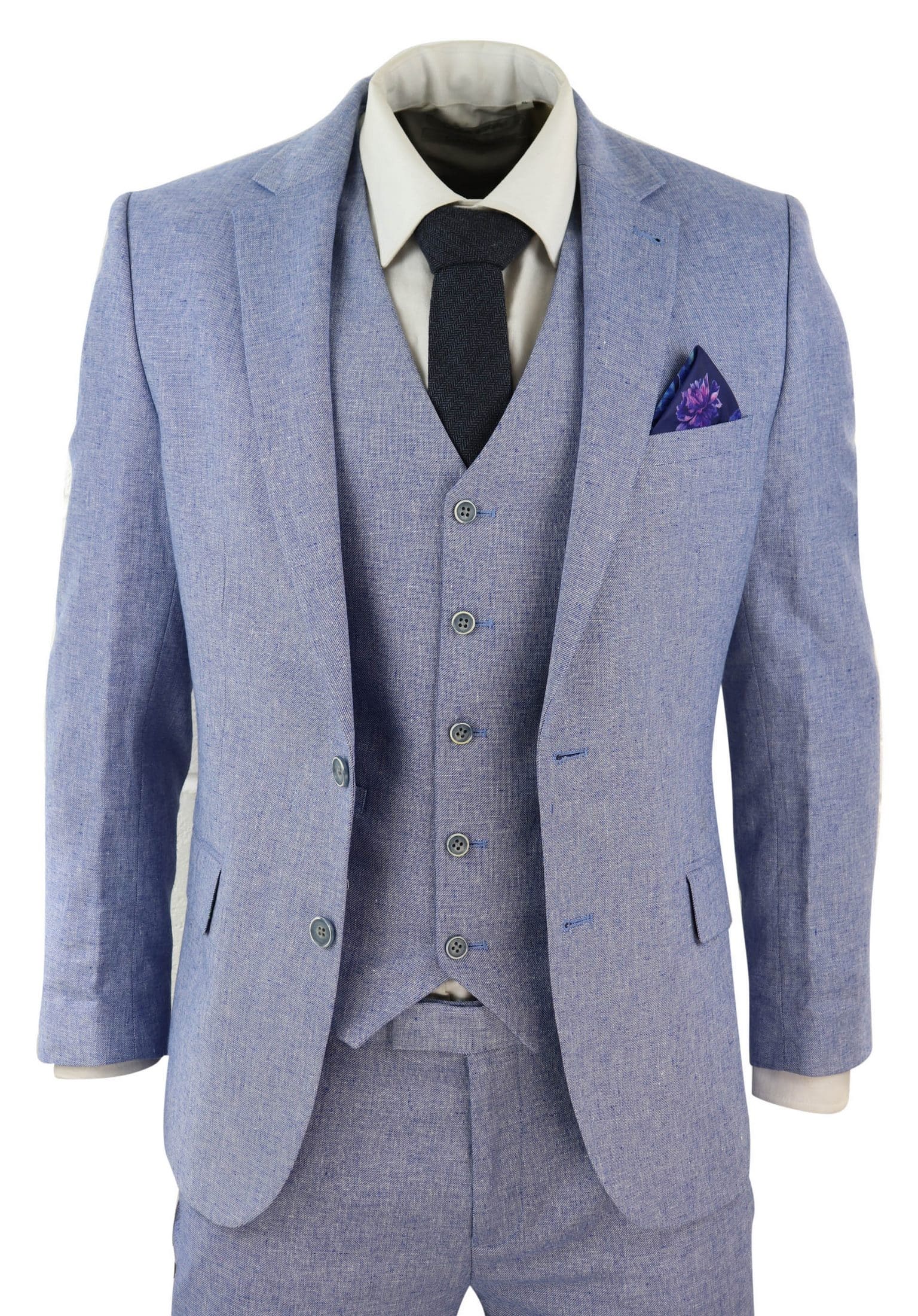 Men's Blue 3 Piece Linen Suit