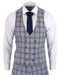 Men's Grey Blue Check 3 Piece Suit